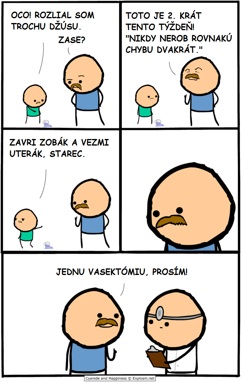 Drzý syn rozlievajúci džús a reakcia otca