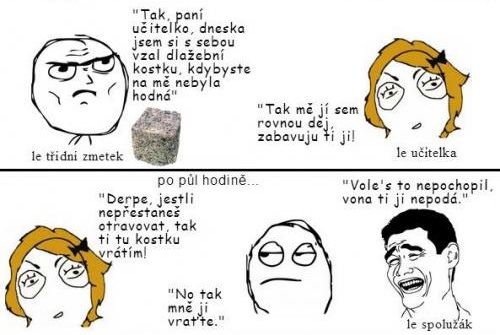 Žiak, učiteľka a dlažobná kocka