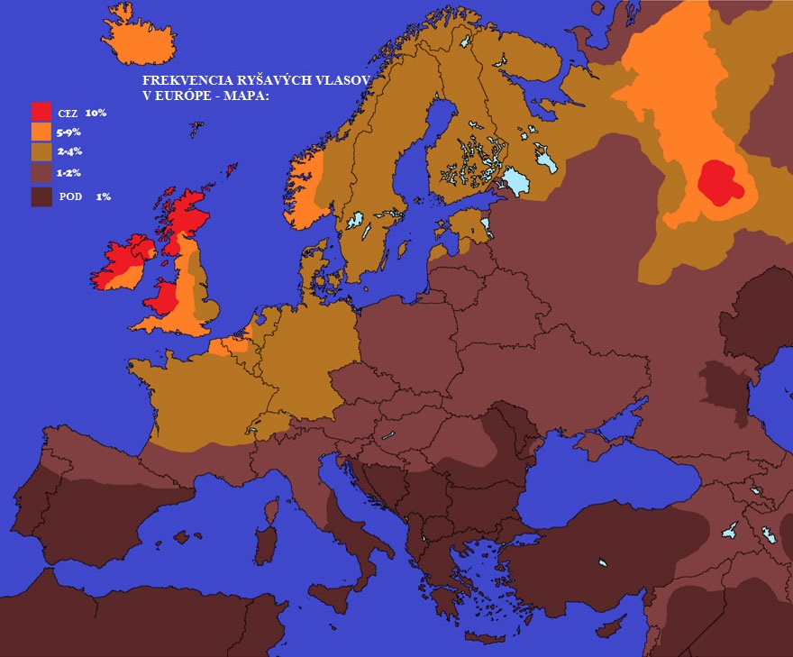 Mapa podielu ryšavých ľudi v Európe