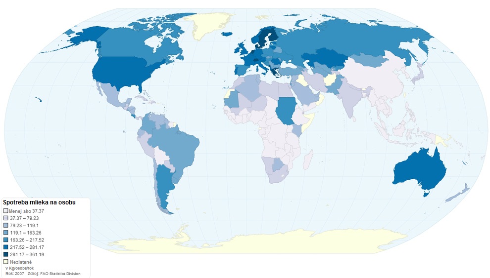Spotreba mlieka na osobu v rôznych štátoch sveta